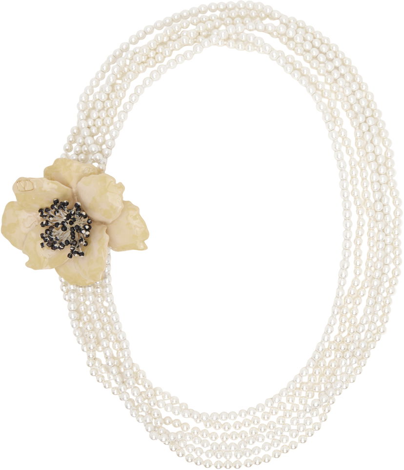 Ogrlica Valentino Valentino Garavani Fleur Lumineuse Pearl Necklace with Flower Brooch Bela | 6W2J0Y47KFH