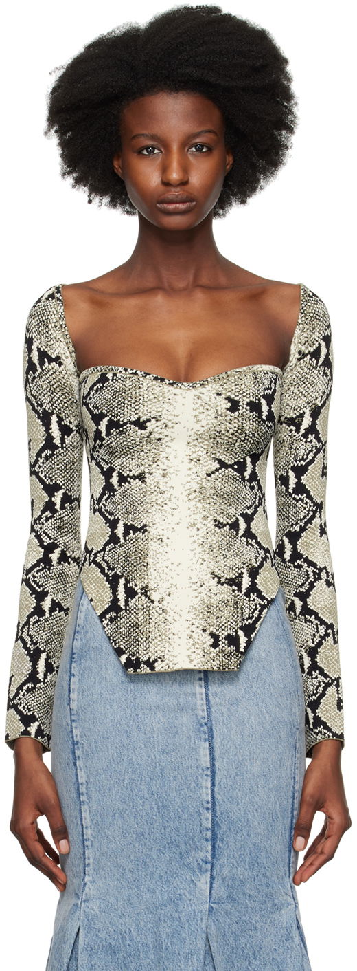 Majica brez rokavov Khaite Maddy Snakeskin Print Long Sleeve Top Črna | 9184417