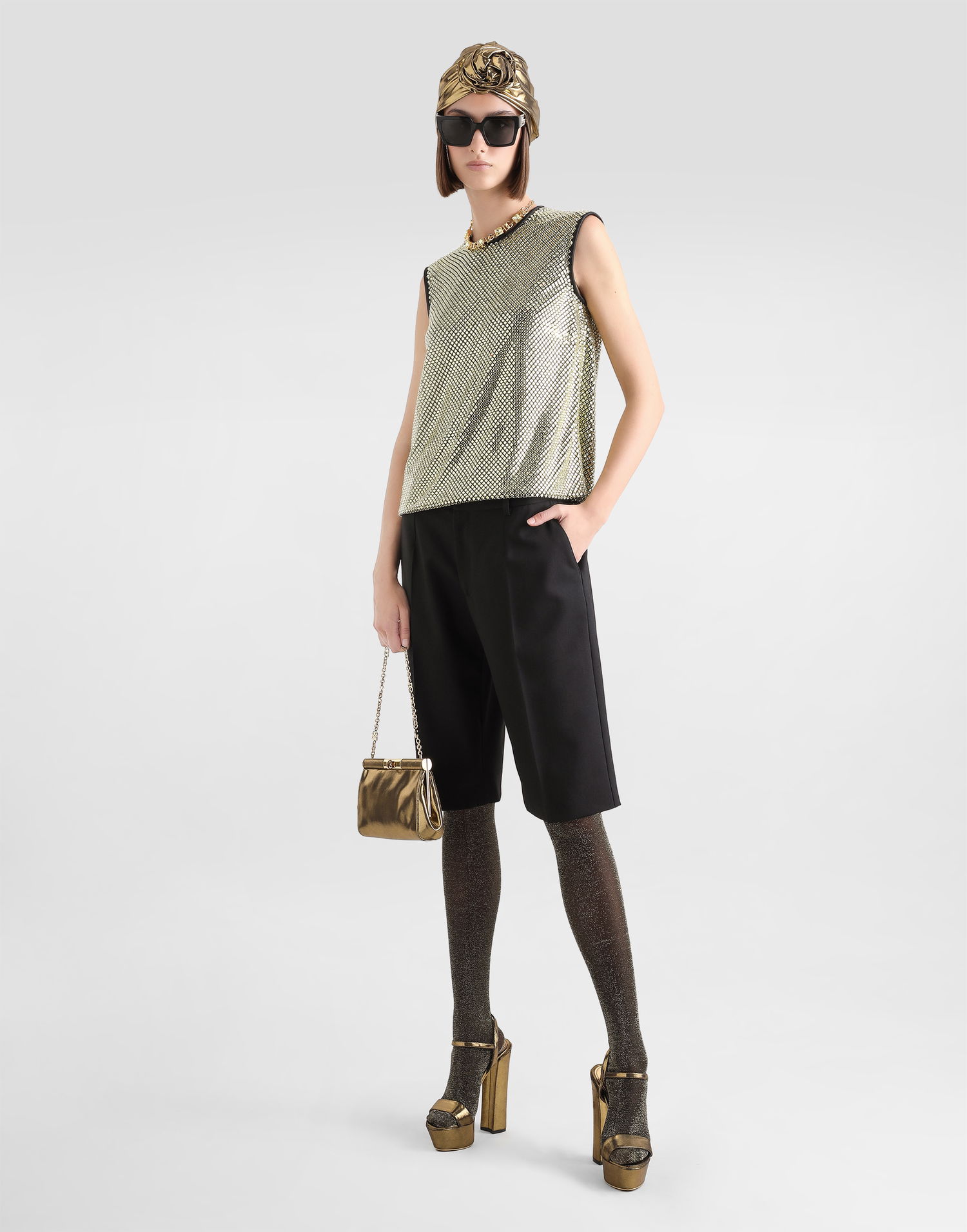 Majica brez rokavov Dolce & Gabbana Sleeveless Crystal Mesh Blouse Kovinski | F7AK7ZFLSK3S0997, 1
