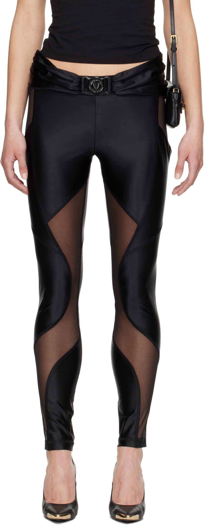 Pajkice Versace Versace Jeans Couture V-Emblem Sheer Panel Leggings Črna | E78HAC103_EJ0223
