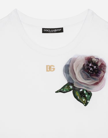 Majica Dolce & Gabbana Cropped Jersey T-shirt With Flower Appliqué Bela | F8U99ZGDCB1W0800, 2