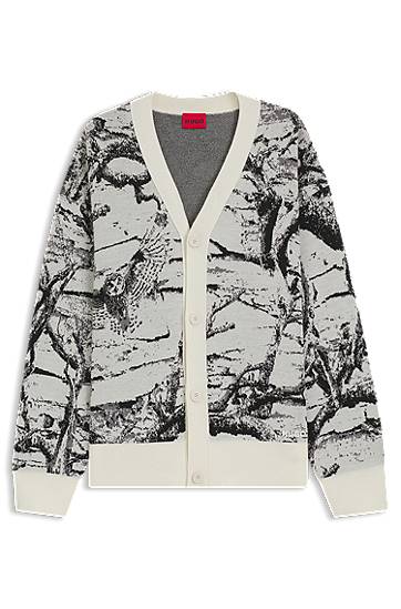 Pleteni pulover BOSS Oversized-fit Cardigan with Birch Tree and Owl Jacquard Pattern Večbarvna | 50546872