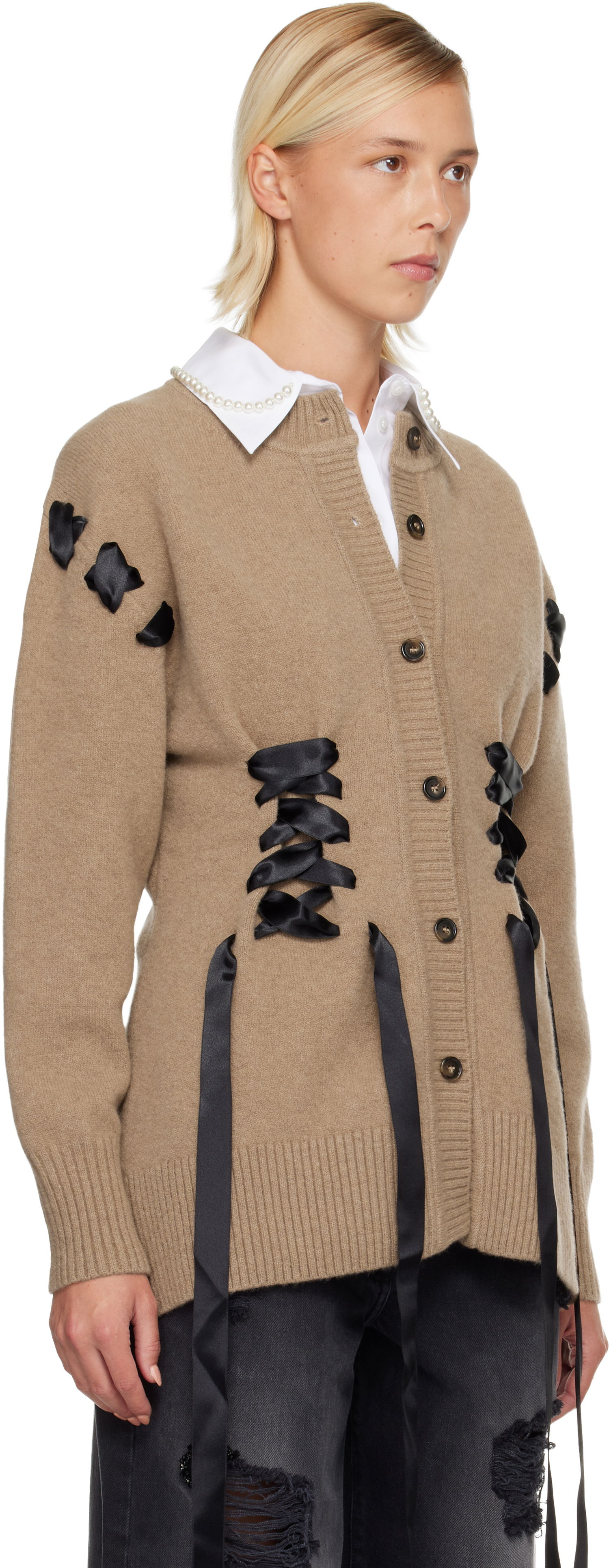Pleteni pulover Simone Rocha Simone Rocha Sculpted Ribbon Corset Cardigan Bež | LMK8 0660, 1