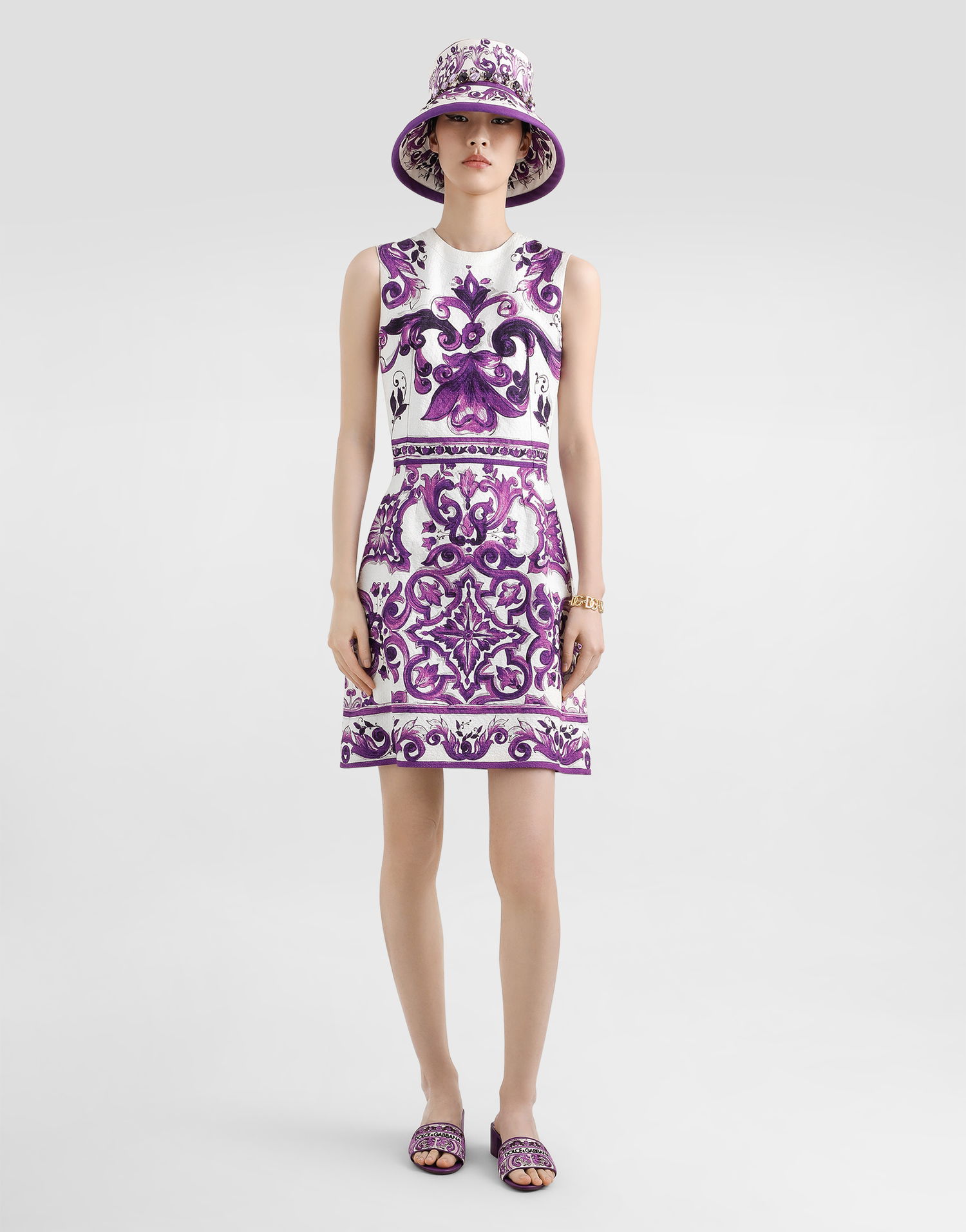 Obleke Dolce & Gabbana Dolce & Gabbana Majolica-Print Sleeveless A-Line Dress Lila | F68A8TFPFSOIP3TN, 1