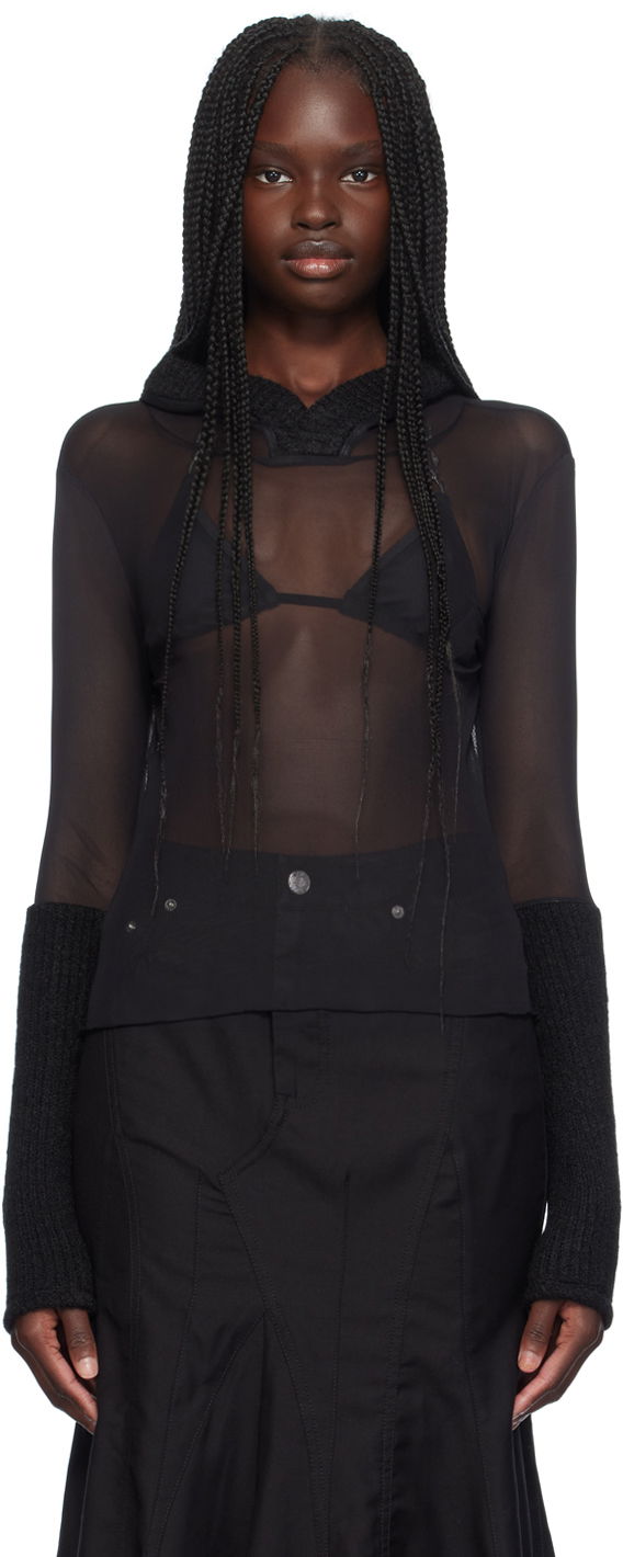 Pleteni pulover Miaou Miaou Mari Sheer Mesh Hoodie Črna | 8105PM2BLK