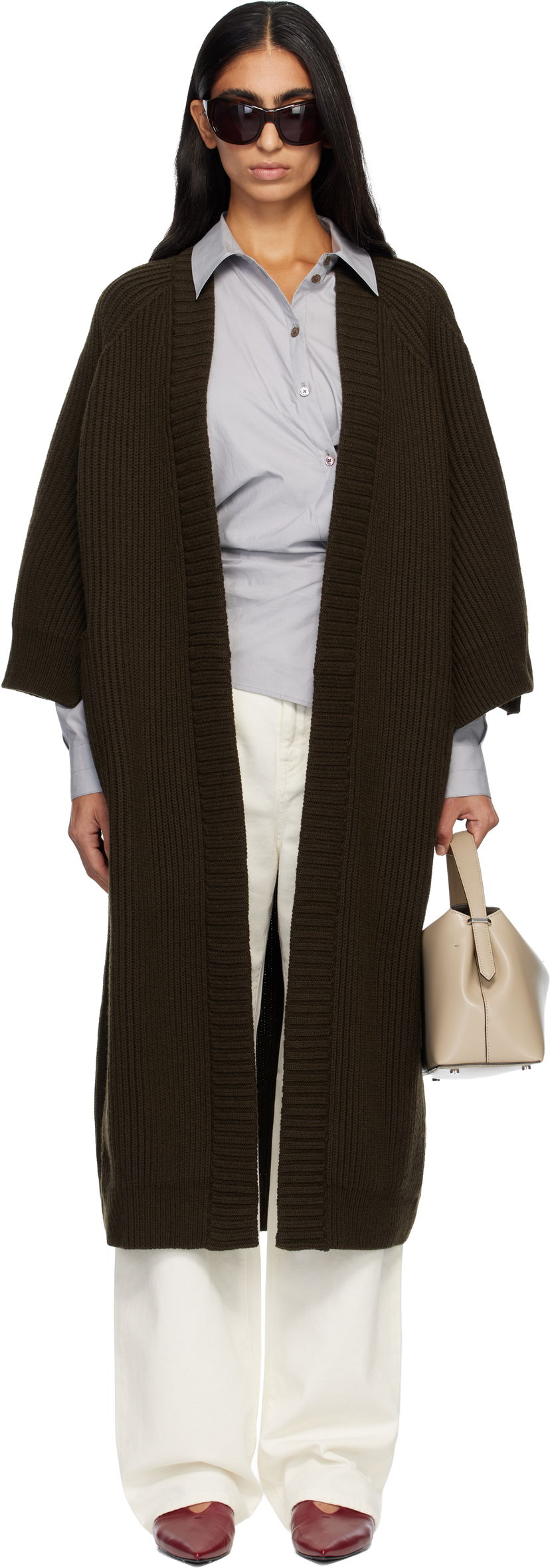 Pleteni pulover Max Mara Atollo Rib Knit Long Cardigan Rjava | 2521346113600