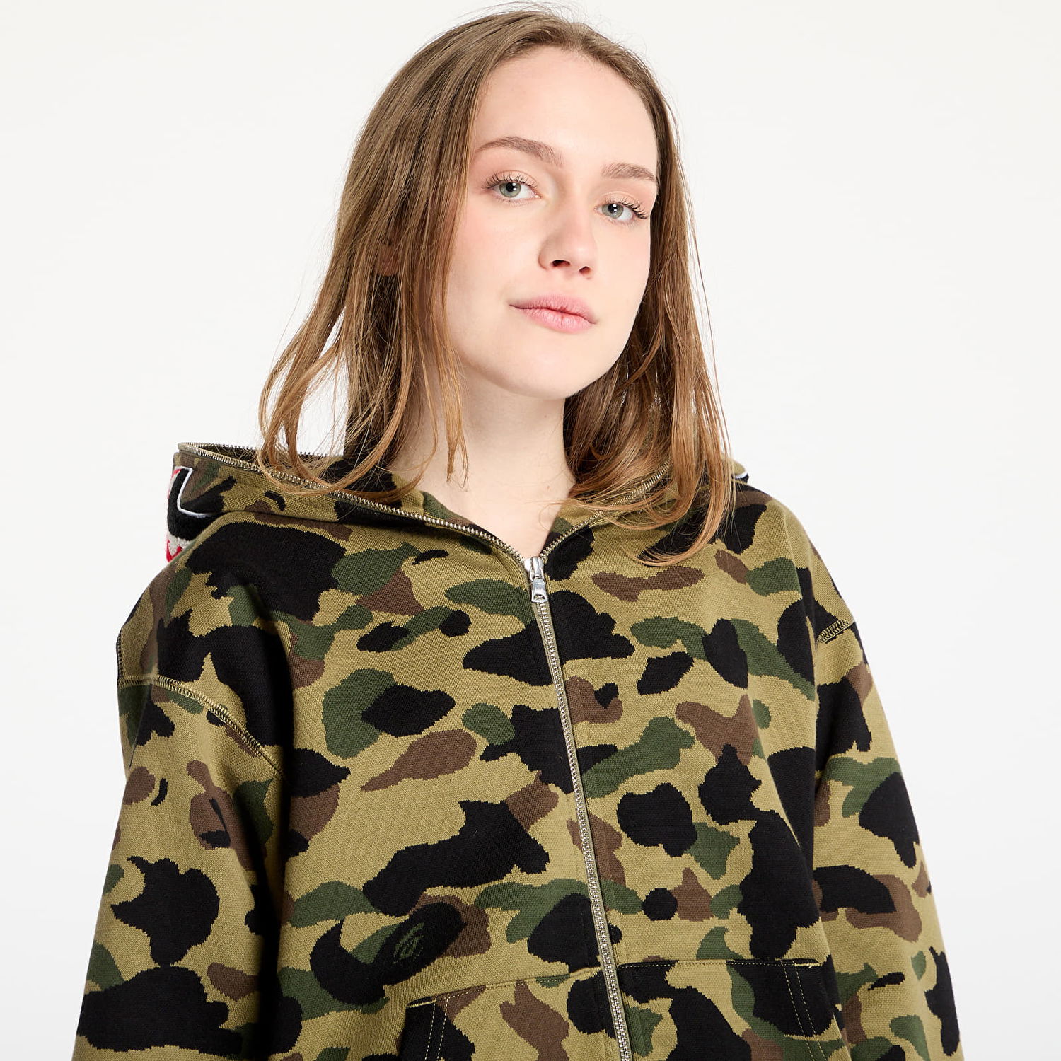 Pulover BAPE A BATHING APE 1st Camo Jacquard Shark Relaxed Fit Full Zip Hoodie Zelena | 001ZPL301304MGRN, 1