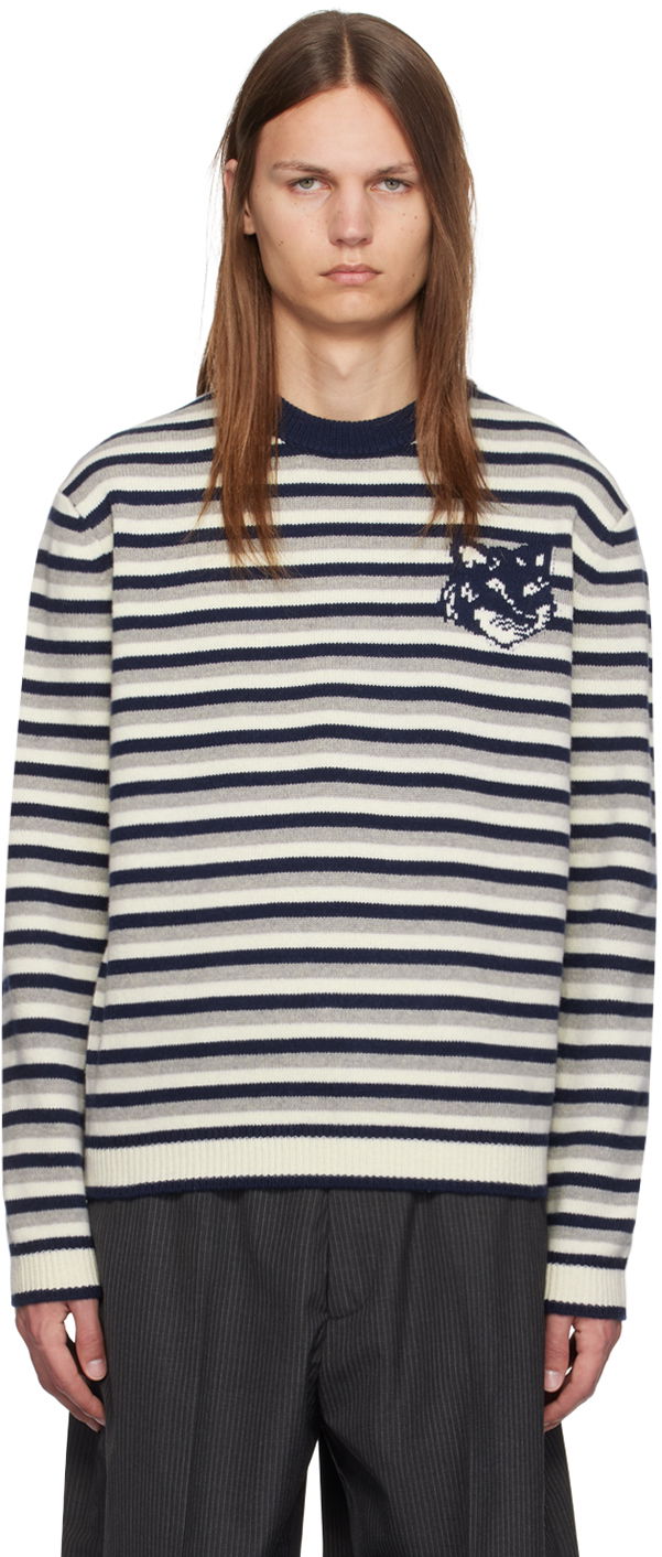 Pleteni pulover MAISON KITSUNÉ Striped Fox Head Intarsia Sweater Modra | NM00802KM0329
