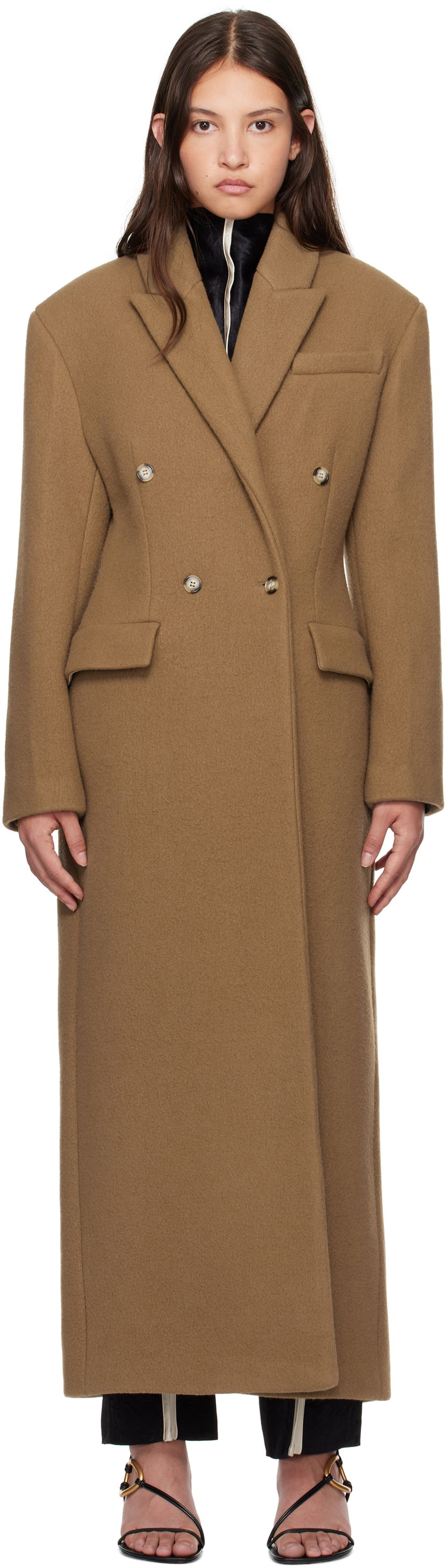 Plašči Nanushka Nanushka Ferris Double-Breasted Long Coat Rjava | NW24FWOW40076