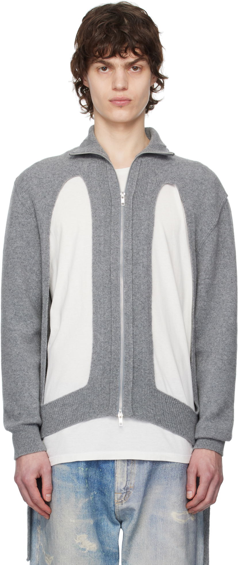Pleteni pulover Simone Rocha Simone Rocha Zip Up Cut Out Window Cardigan Siva | LMK4M 0660