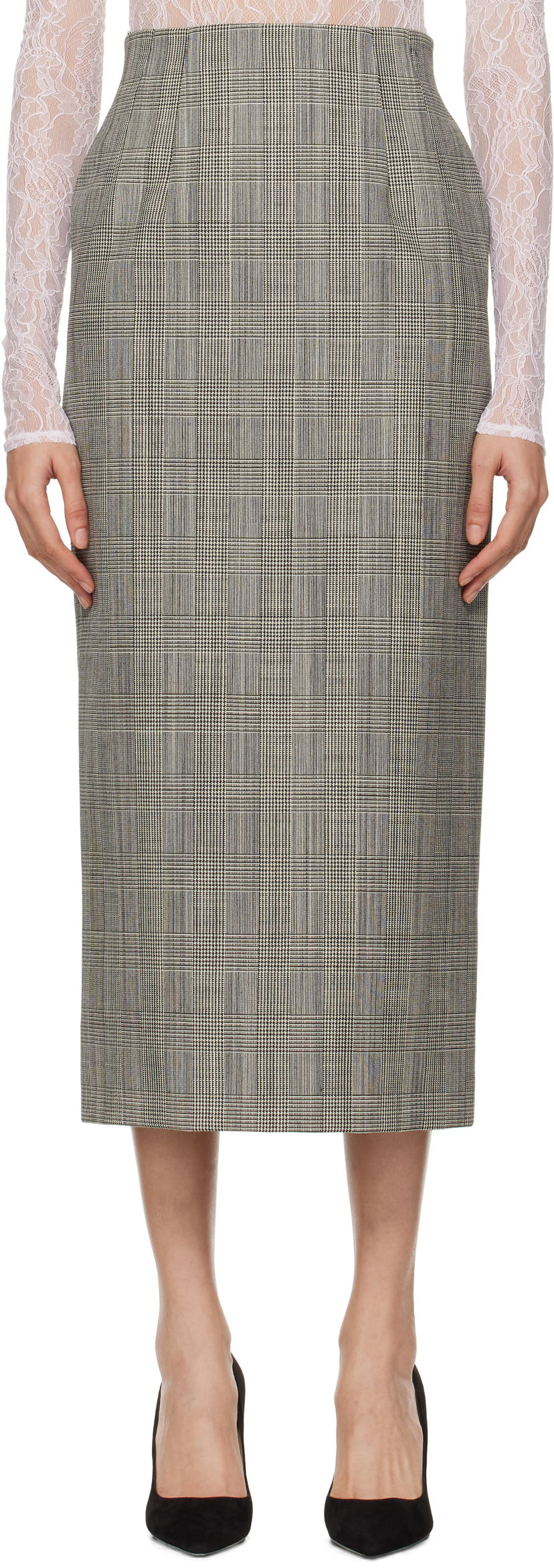 Krila WARDROBE.NYC Houndstooth Print Contour Midi Skirt Siva | W3003F24PW