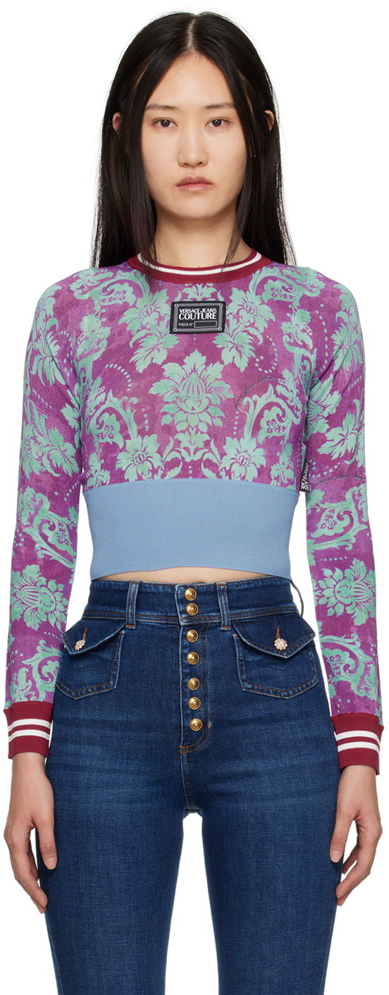 Krop-top Versace Jeans Couture Tapestry T-Shirt Lila | E73HAFM26ECM08H