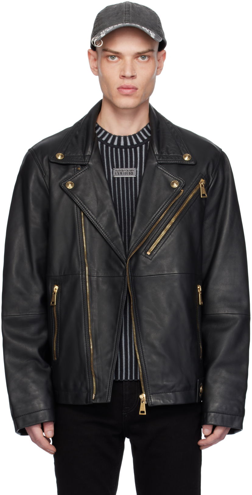 Jakna Versace Grained Leather Biker Jacket Črna | E77GAVP02_ECPPS3