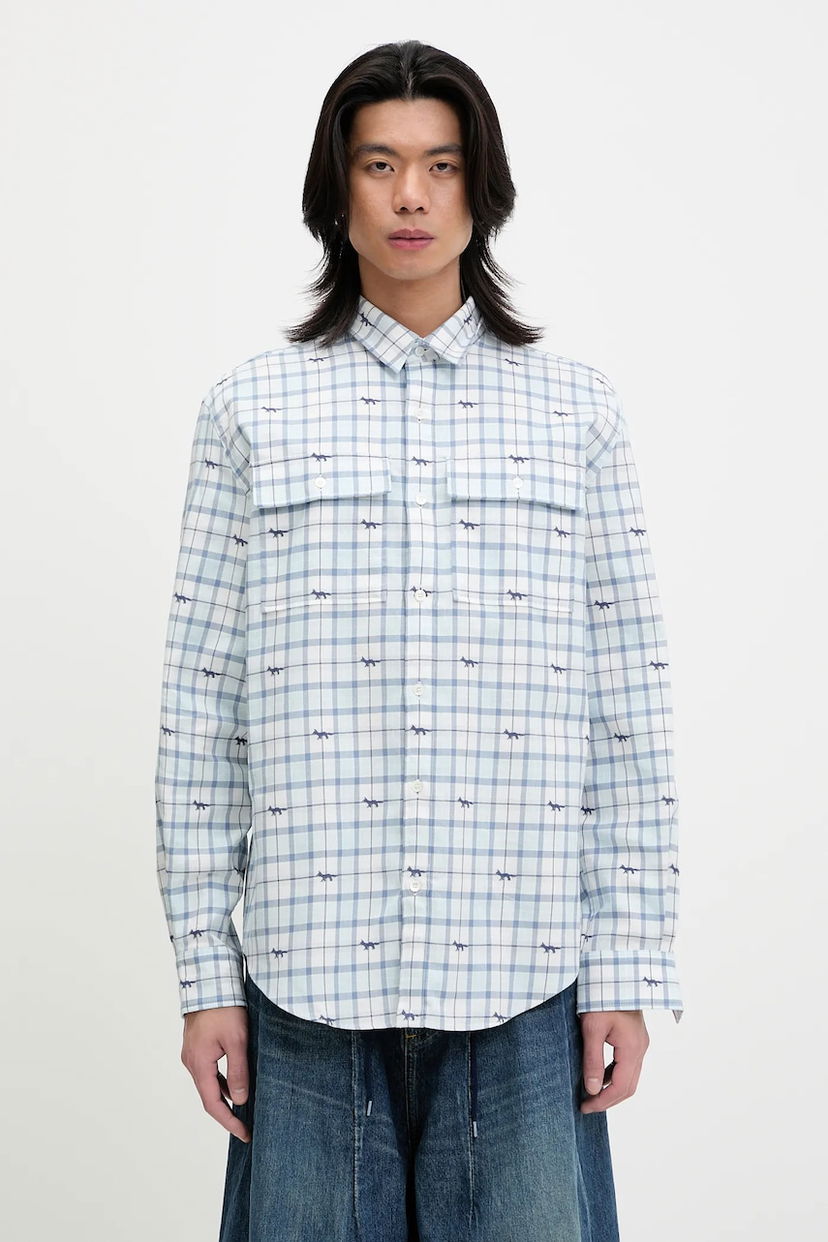 Srajce MAISON KITSUNÉ Maison Kitsuné Double Pocket Skate Relaxed Fit Shirt Modra | OM00425WW0118