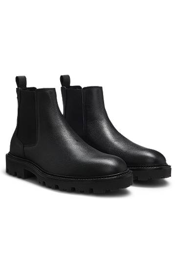 Plašči BOSS Grained Leather Chelsea Boots with Lug Sole Črna | 50552573