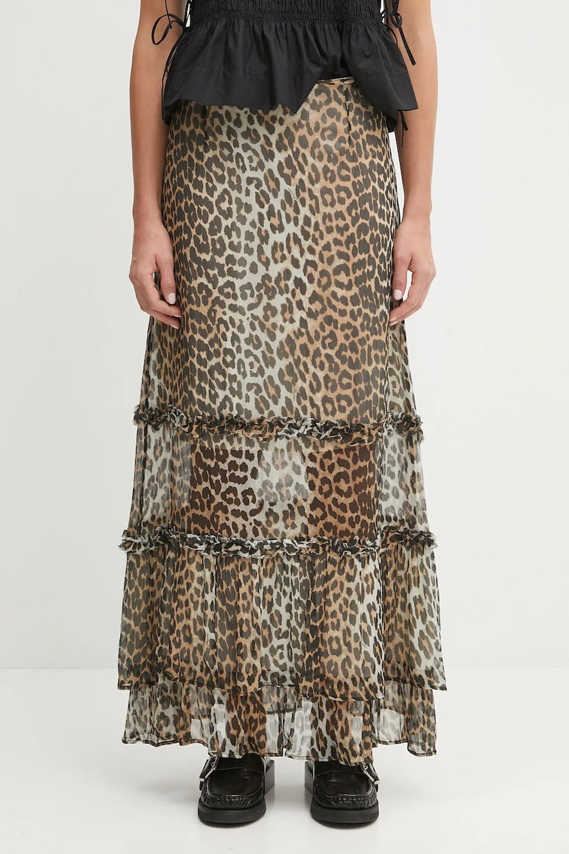 Krila GANNI GANNI Printed Viscose Chiffon Long Ruffle Maxi A-Line Skirt Rjava | W0435