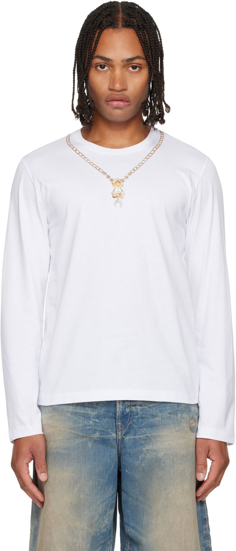Majica Marine Serre Marine Serre Trompe L'Œil Jewelry Jersey LS T-Shirt Bela | MTT076ACJER0092