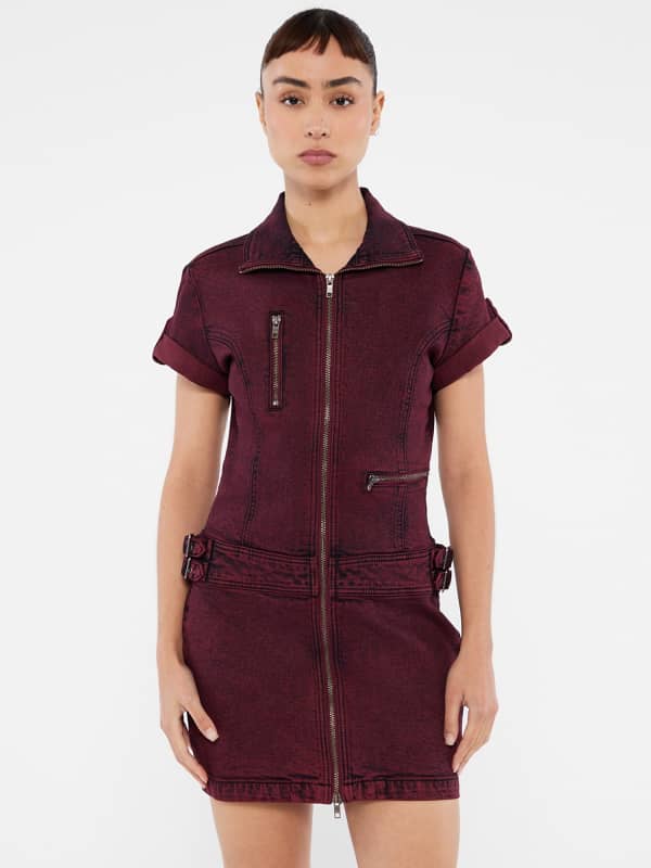 Obleke GUESS Guess Originals Utility Denim Zip Dress Bordo | W5RG68D4ON0