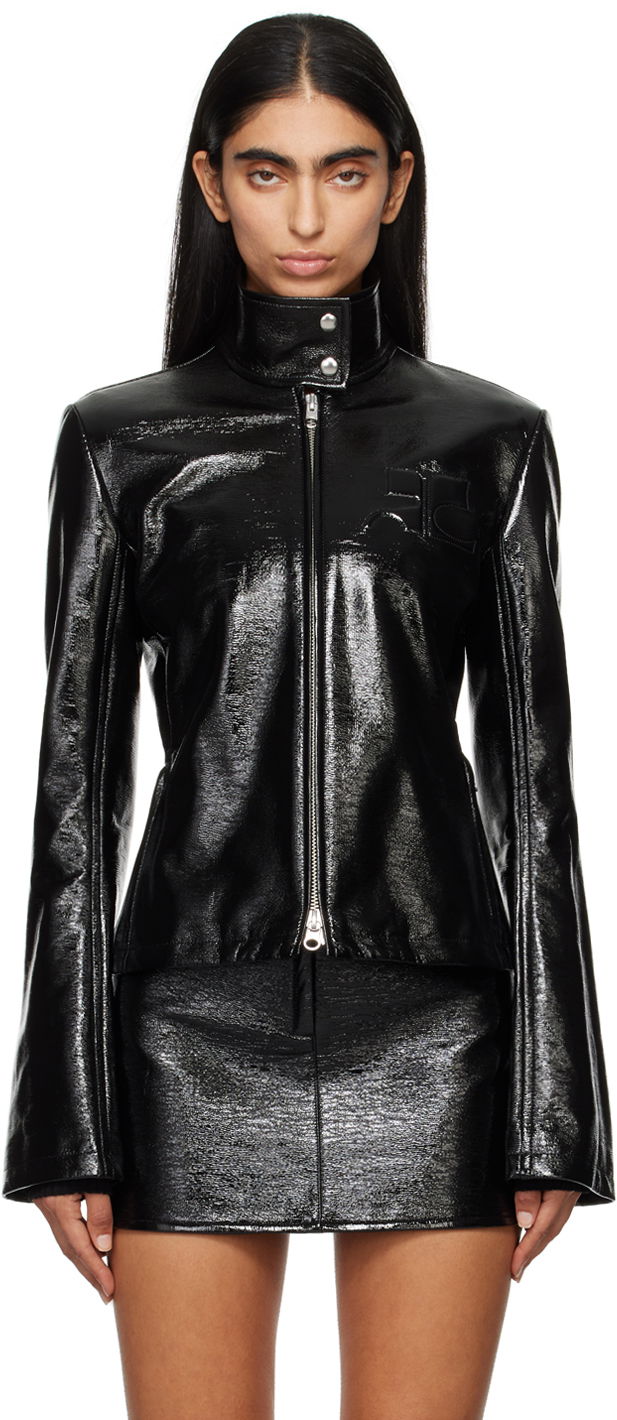 Bomber jakna Courrèges Embossed-Logo Patent Leather Jacket Črna | 324CBL194VY0014