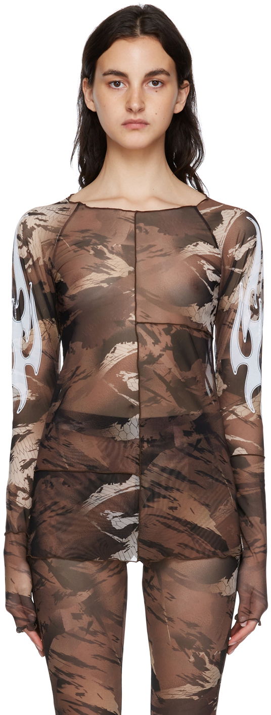 Majica HERON PRESTON Nylon Long Sleeve T-Shirt Rjava | HWAD028S22FAB0016401, 0