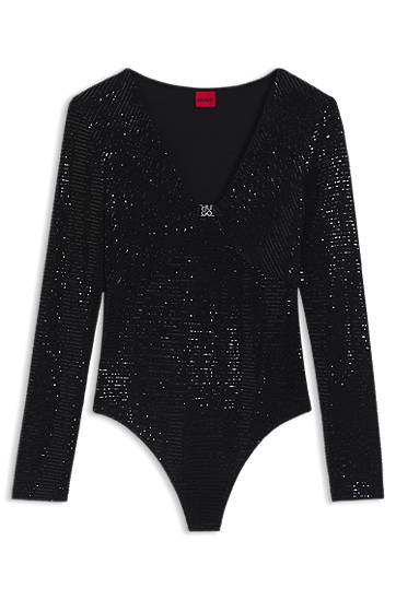 Bodi BOSS Sparkling bodysuit in stretch jersey with stacked-logo trim Črna | 50546238, 0