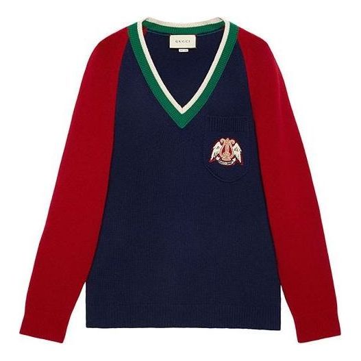 Pleteni pulover Gucci Gucci V-neck Wool Sweater With Lyre Patch Modra | 575504-XKATG-4278
