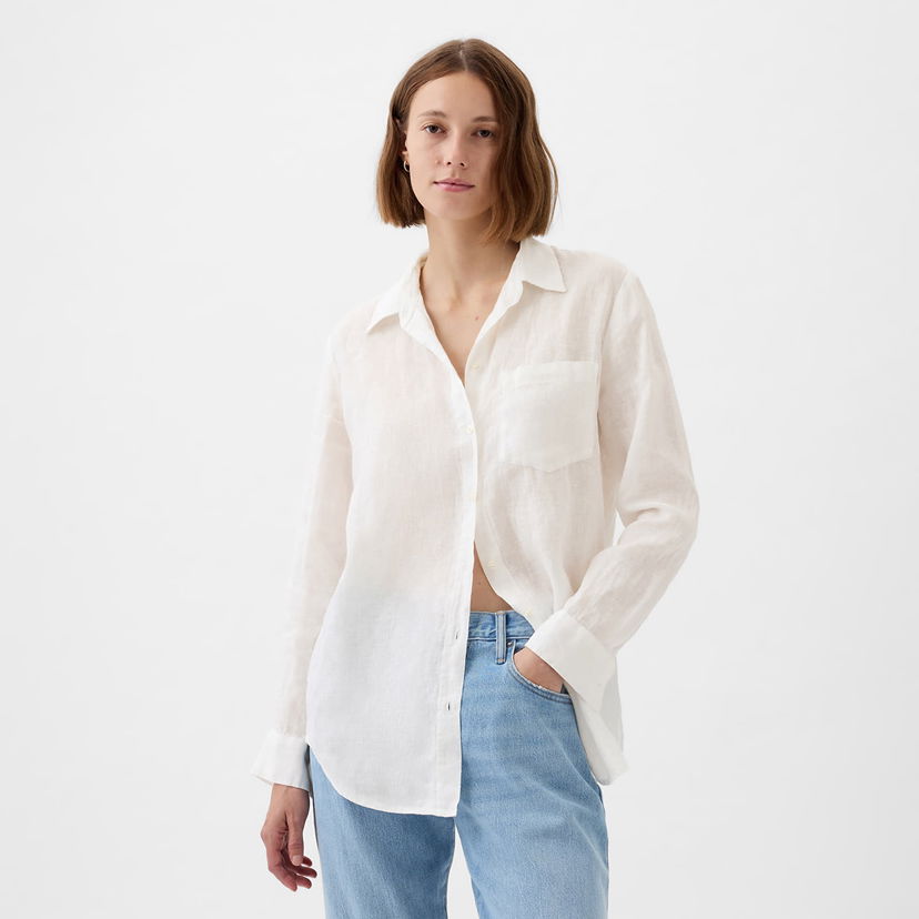 Srajce GAP Linen Boyfriend Shirt New Off White Bela | 875983-03