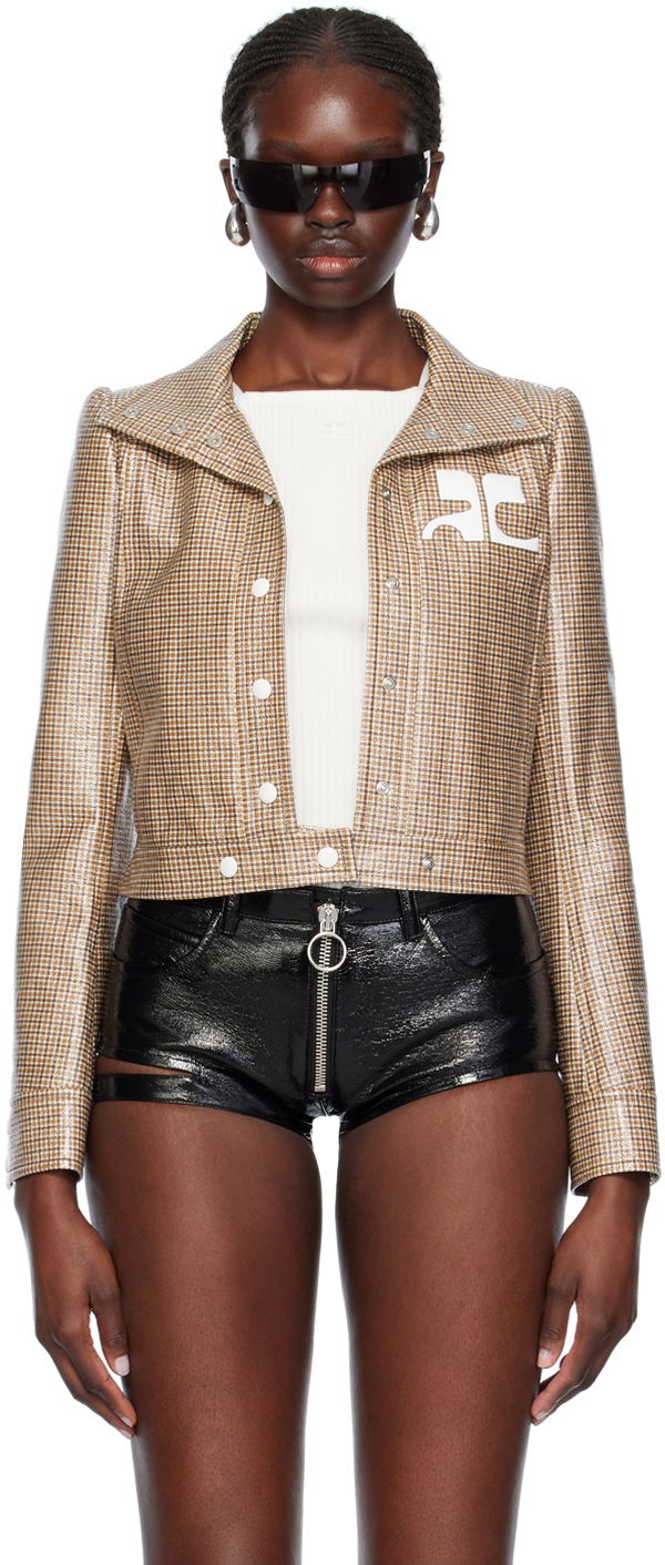 Jakna Courrèges Cropped Check Print Buttoned Jacket Rjava | 124CBL005PR0042