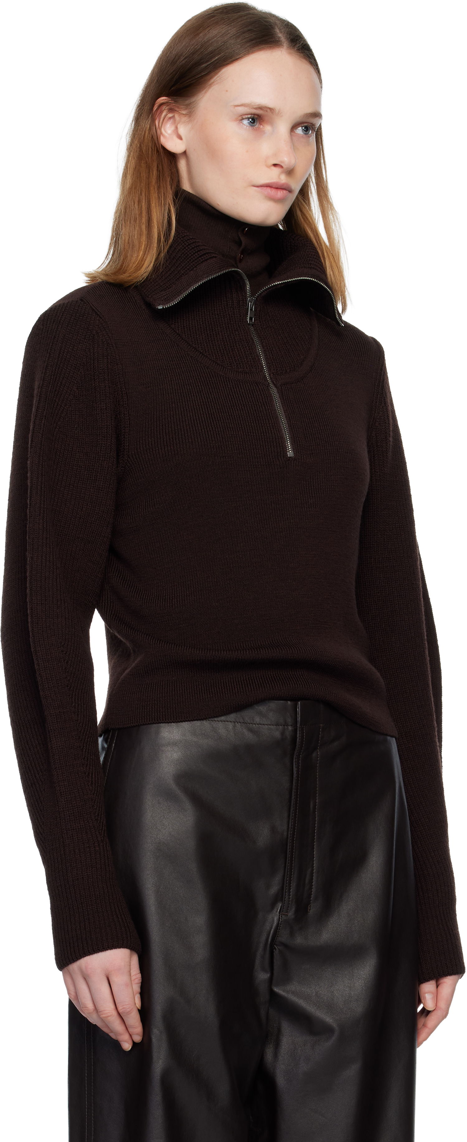 Pleteni pulover LEMAIRE LEMAIRE Rib Knit Half-Zip Stand Collar Sweater Rjava | TO1422 LK1043, 1