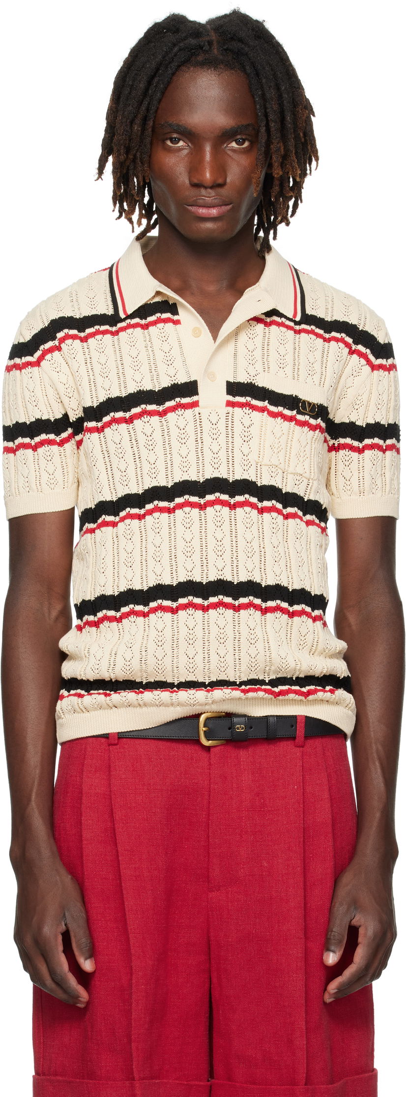 Polo majica Valentino Valentino Striped Knit Polo Bež | 7V3KP03XB0S