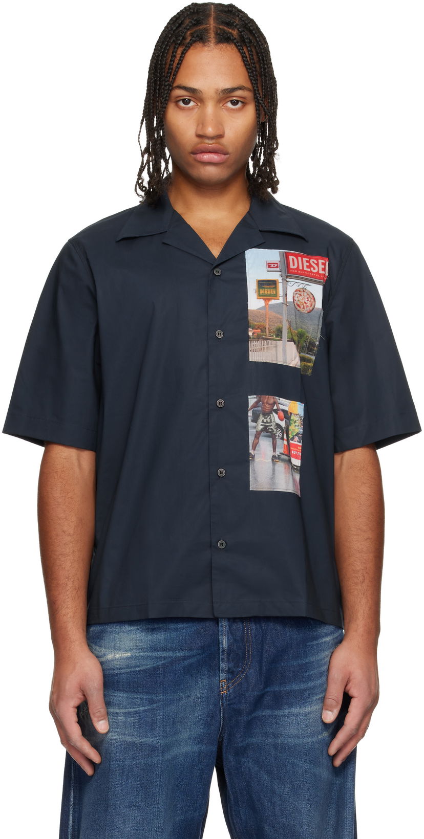 Srajce Diesel Short Sleeve Camp-Collar Shirt with Photo Appliqués Mornarica | A19522-0AJFY-81E