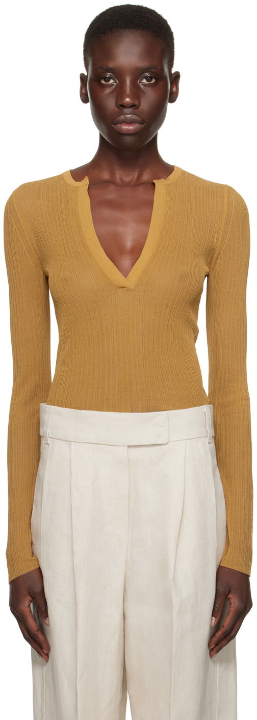 Pleteni pulover Max Mara Ribbed Knit V-Neck Sweater Rjava | 2411361053600006
