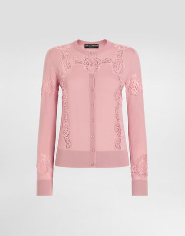 Pleteni pulover Dolce & Gabbana Dolce & Gabbana Wool Cardigan with Lace Inlay Roza | FXV05TJDVB0F0473, 0