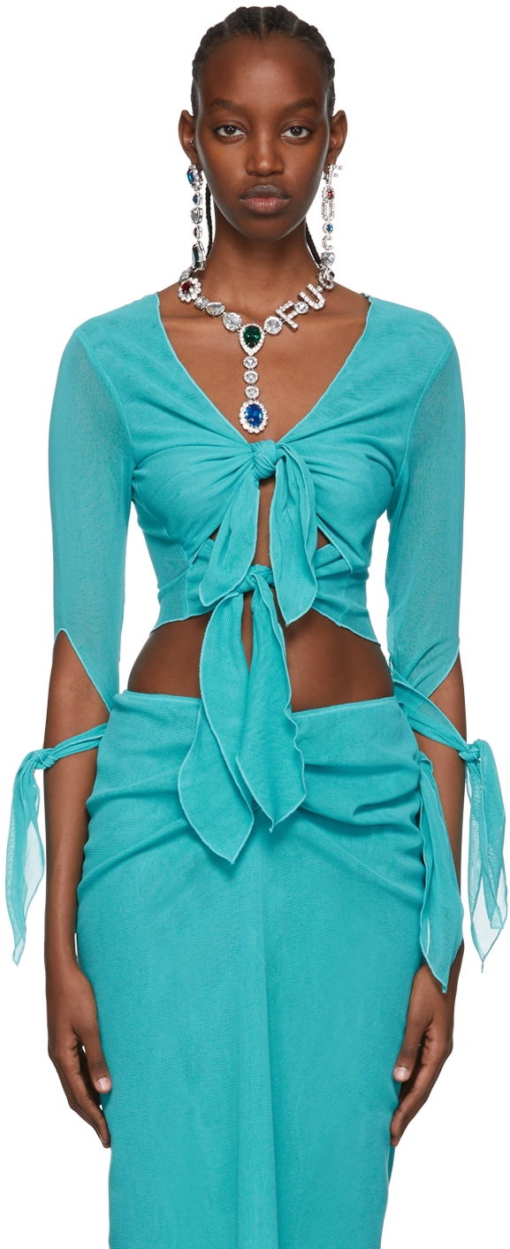 Krop-top Anna Sui Tie-Front Long Sleeve T-Shirt Turkizna | 522C24