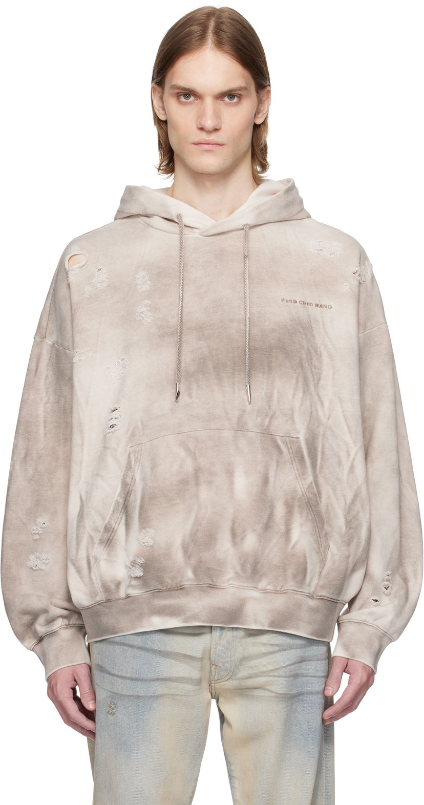 Pulover Feng Chen Wang Feng Chen Wang Sandwashed Ripped Hoodie Bež | FUS19HD03