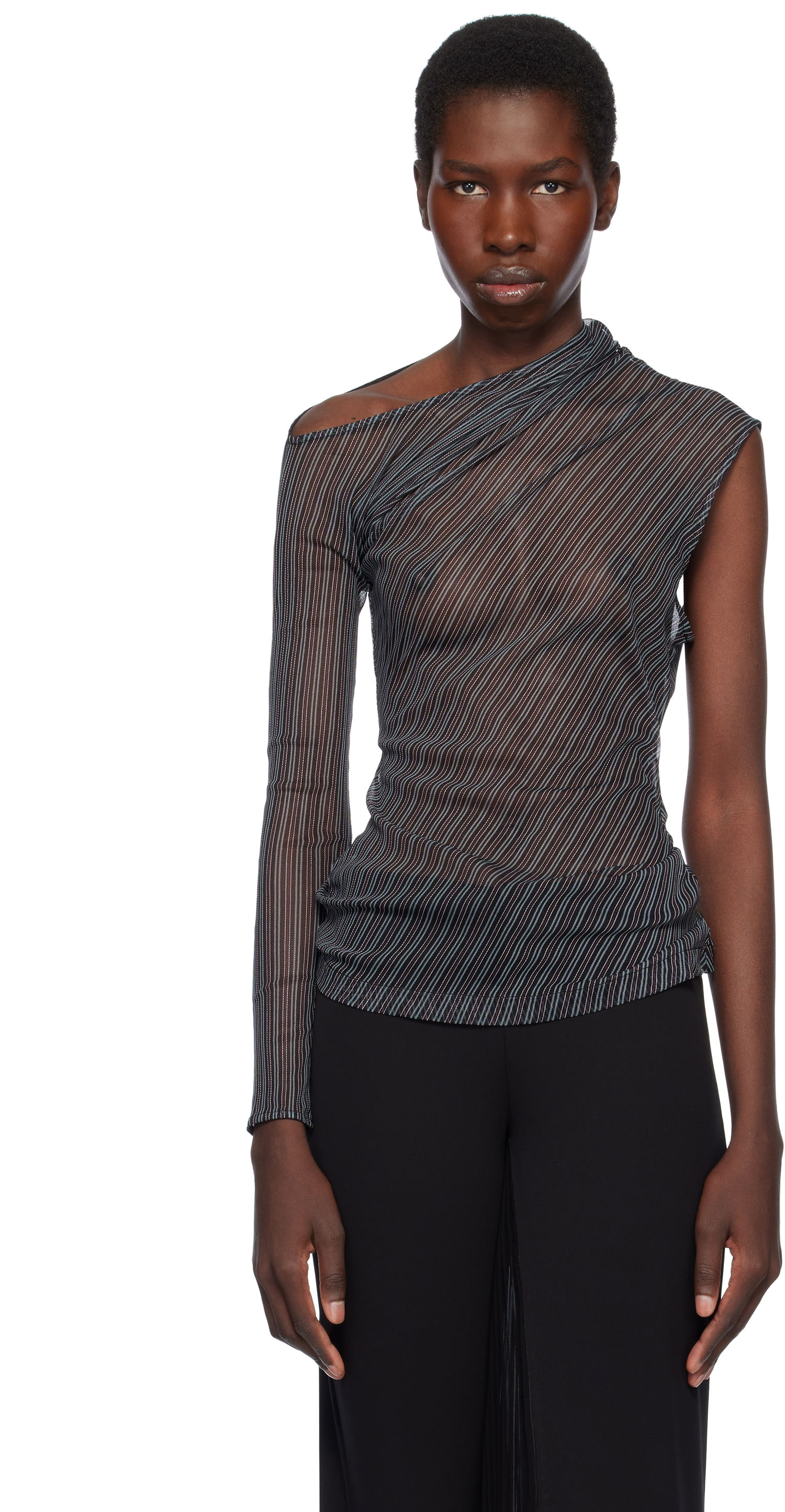 Majica Courrèges Courrèges Asymmetric Striped Mesh Top Črna | 125JTO387PR0099, 0