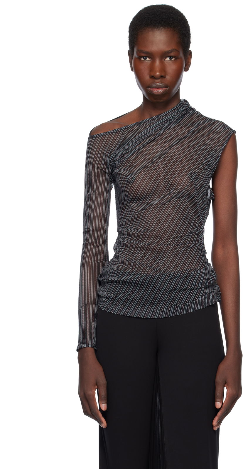 Majica Courrèges Courrèges Asymmetric Striped Mesh Top Črna | 125JTO387PR0099