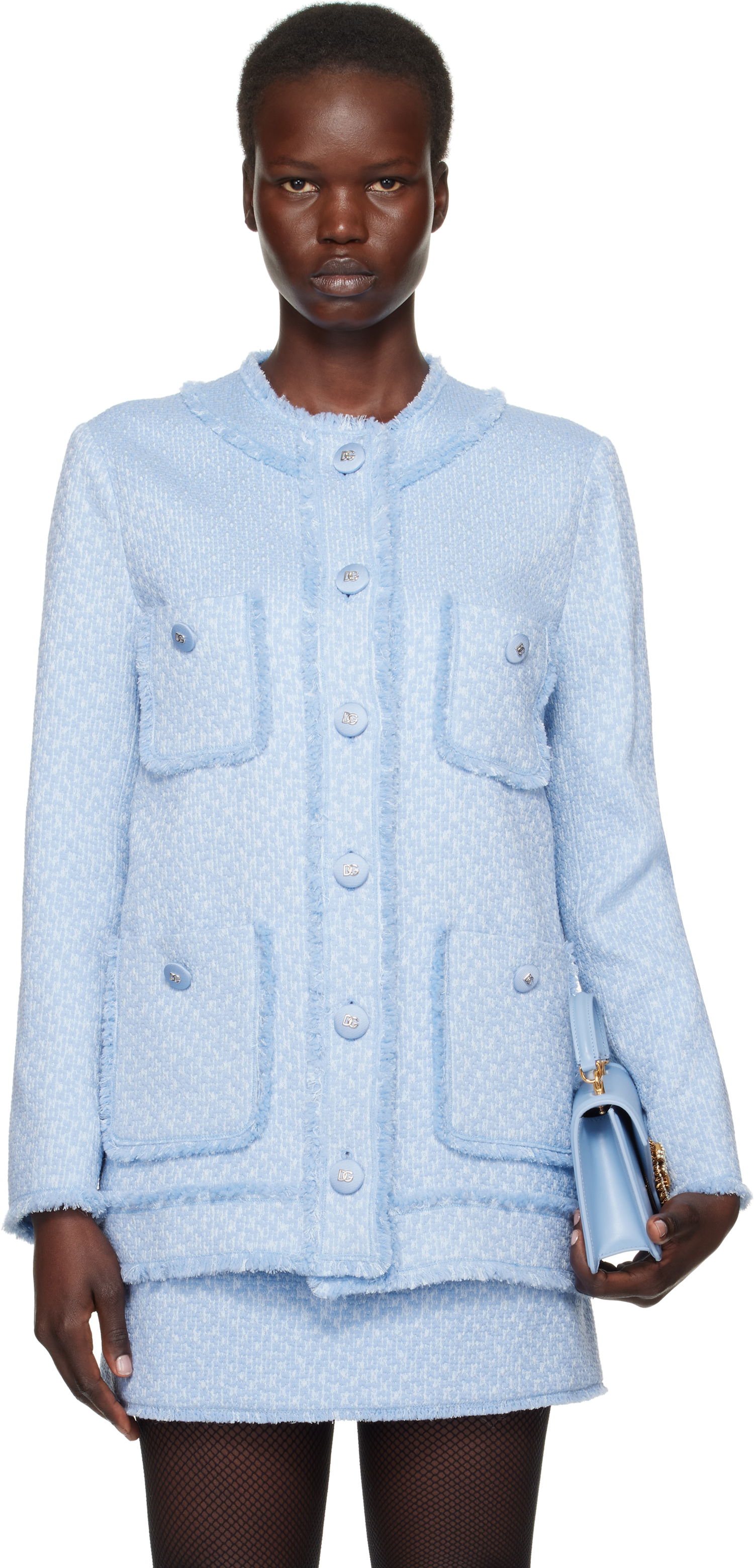 Jakna Dolce & Gabbana Dolce&Gabbana Single-Breasted Raschel Tweed Jacket Modra | F29YCT HUMUA, 0