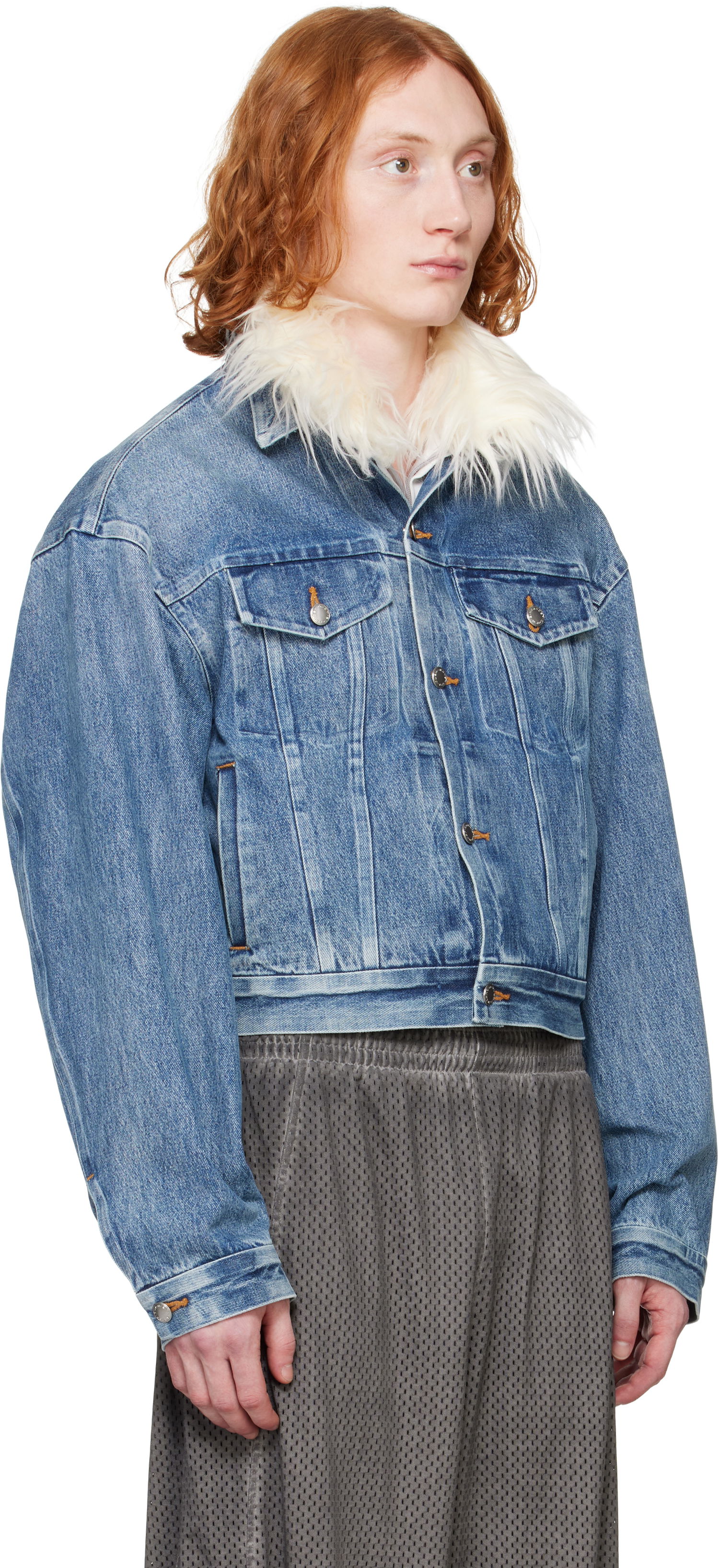 Jakna Alexander Wang Alexander Wang Rounded Trucker Denim Jacket with Faux Fur Collar Modra | 6WC1252066, 1
