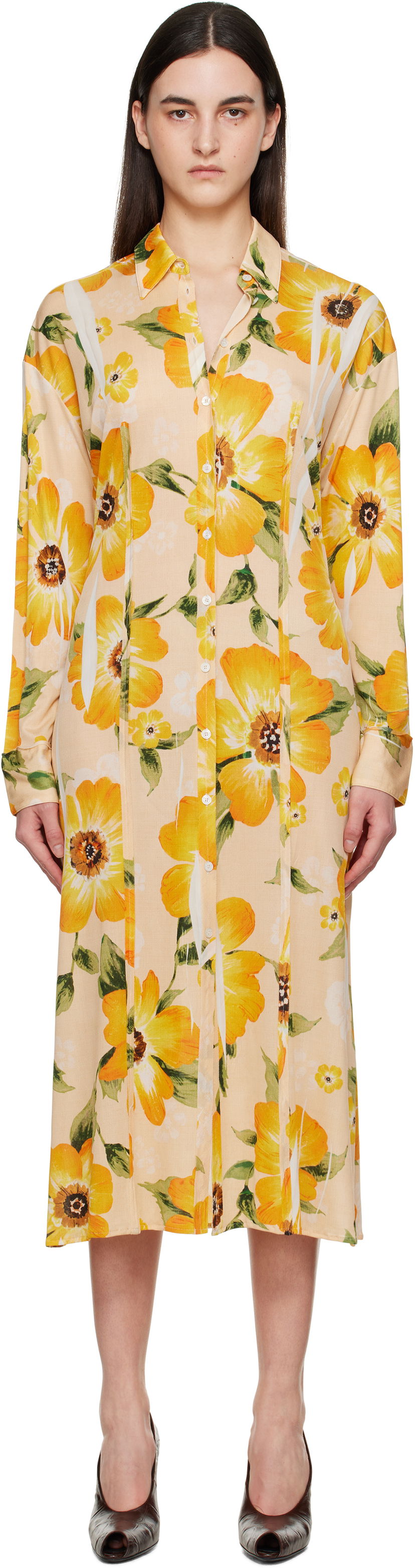 Obleke Acne Studios Acne Studios Button-Up Floral Print Midi Dress Rumena | A20803-