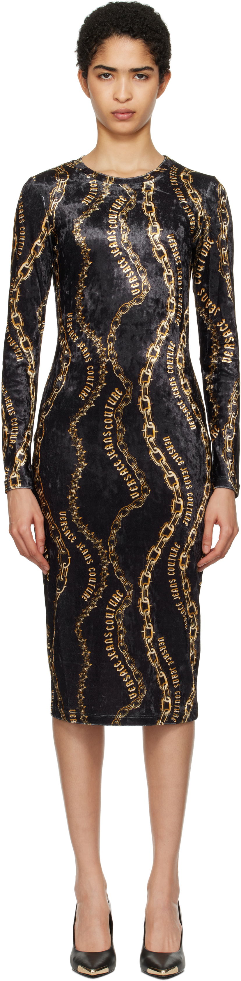 Obleke Versace Chain Couture Velvet Midi Dress Črna | E77HAO9B0_EJS367