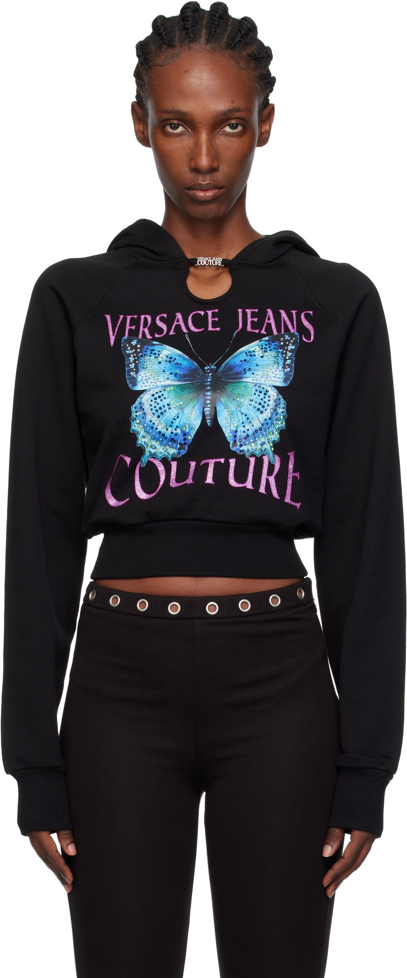 Pulover Versace Versace Jeans Couture Butterfly Graphic Cropped Hoodie with Keyhole Detail Črna | 79HAIB01-CFB00