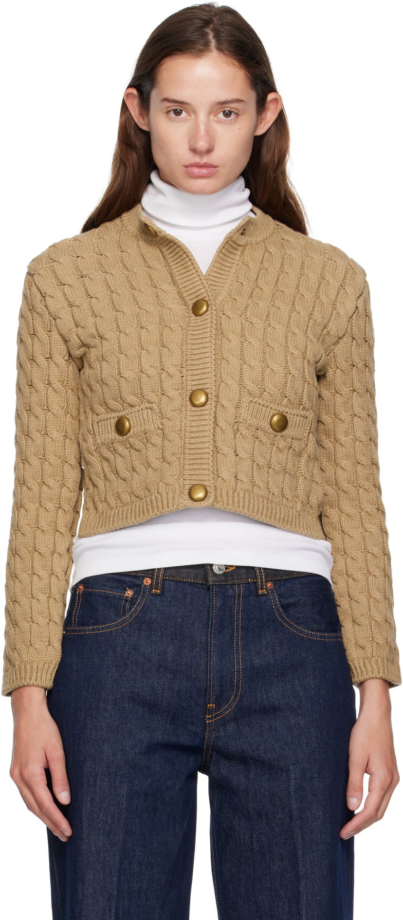 Pleteni pulover Moncler Moncler Cotton Blend Knit Cropped Cardigan Bež | 0939B00004M7105