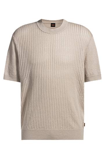 Pleteni pulover BOSS Relaxed-Fit Linen-Cotton Knit T-Shirt Bež | 50539573