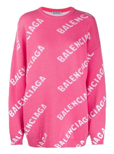 Pleteni pulover Balenciaga Allover Logo Wool Blend Jumper Roza | 620983T15675621