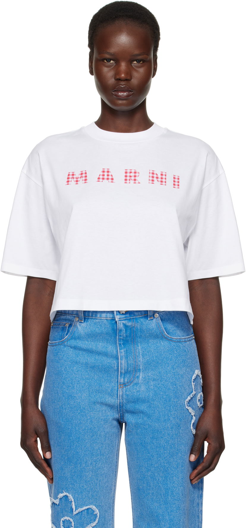 Krop-top Marni Marni Cropped Checked Logo T-Shirt Bela | THJE0333P6 USCX52