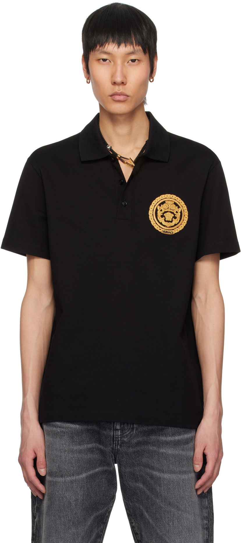 Polo majica Versace Versace Embroidered Chain Crest Polo Črna | 1013906_1A13413