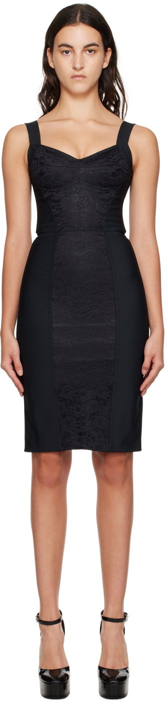 Obleke Dolce & Gabbana Black Corset-Style Midi Dress Črna | F63G9T G9798