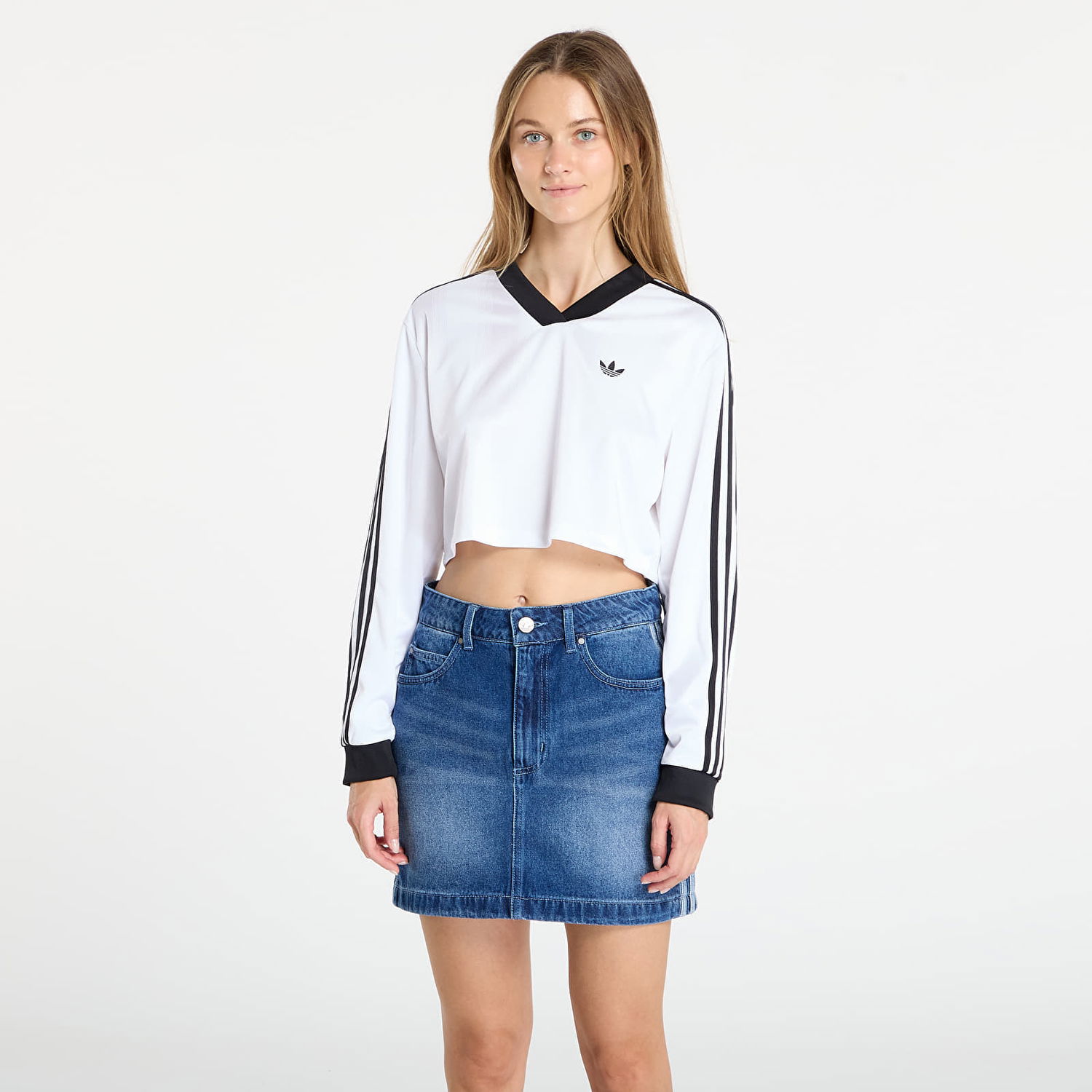 Krop-top adidas Originals Adicolor Football Jacquard Crop Long-Sleeve Top Bela | JV9740, 0