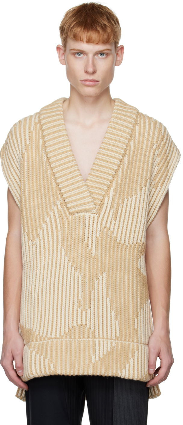 Pleteni pulover Feng Chen Wang Feng Chen Wang Jacquard Oversized V-Neck Vest Bež | FUF14KT06K